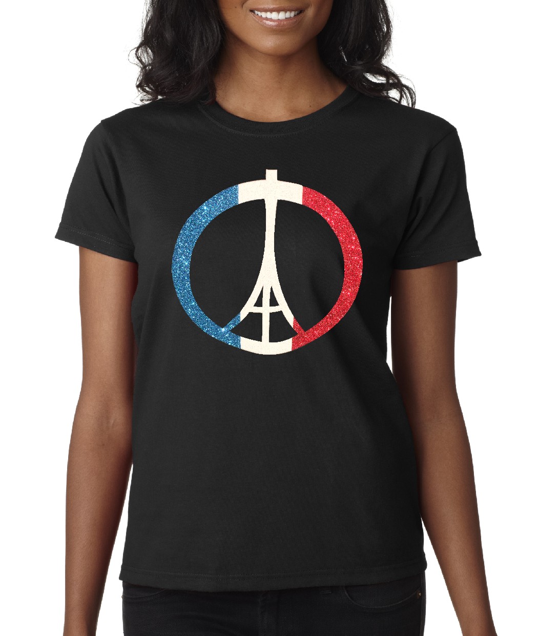 Paris Peace Eiffel tower glitterflake on black short sleeve shirt